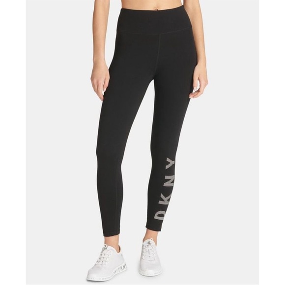 NWOT Black DKNY White Logo Ankle Length Sport High Waisted Leggings - Picture 6 of 6